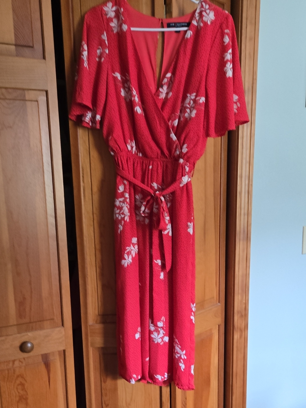 Red Floral Wrap Midi Jump Suit with White Blossoms